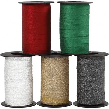 Gift ribbon, assorted colours, W: 10 mm, glitter, 100 m/ 5 pcs.