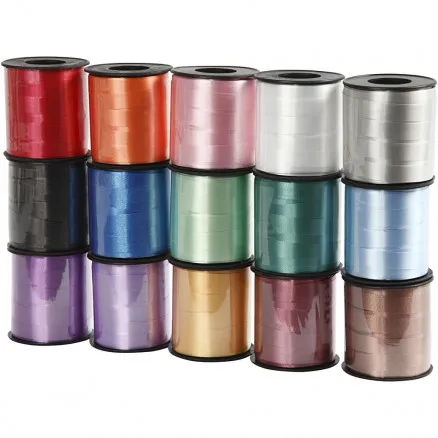 Gift ribbon, assorted colours, W: 10 mm, glossy, 50 m/15 pcs.